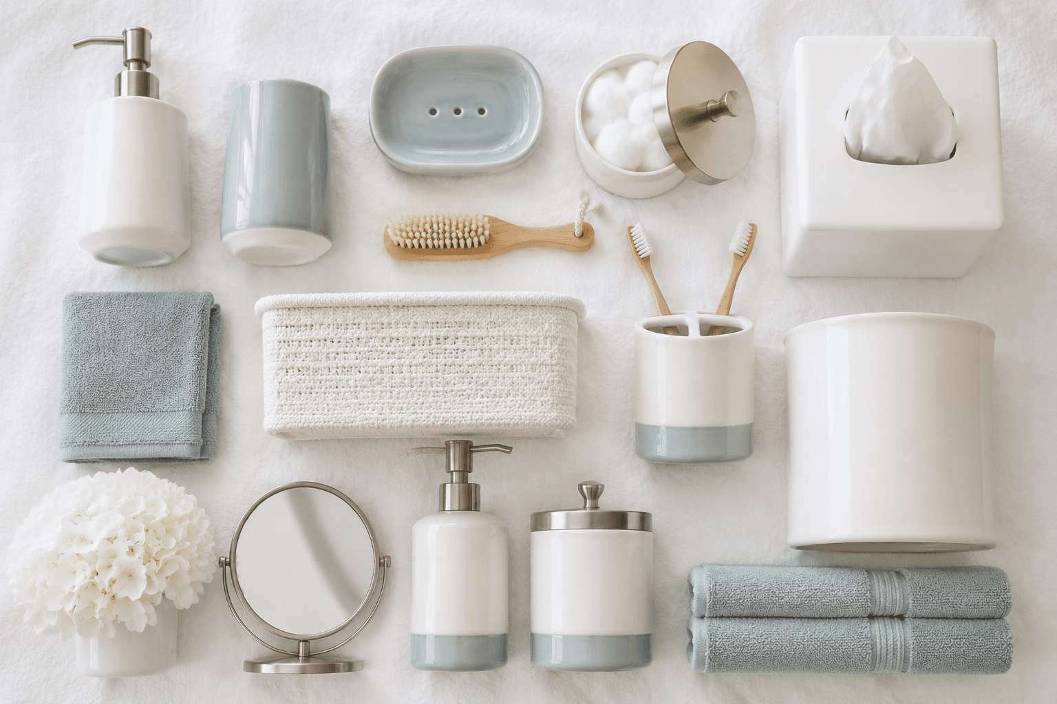 An organized flat lay of A1PH bathroom storage products