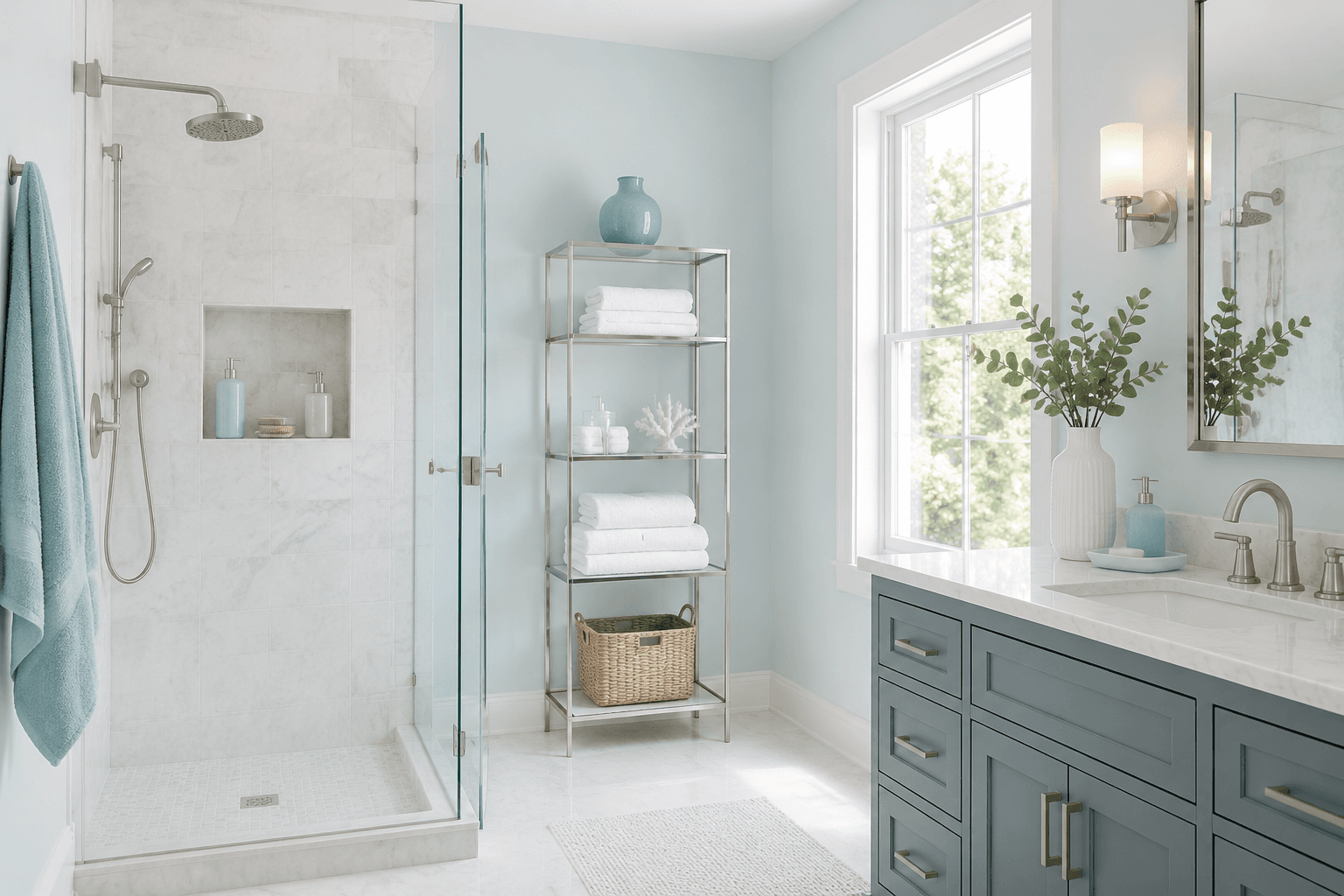 A calm, organized modern bathroom with brushed nickel shelving and folded towels