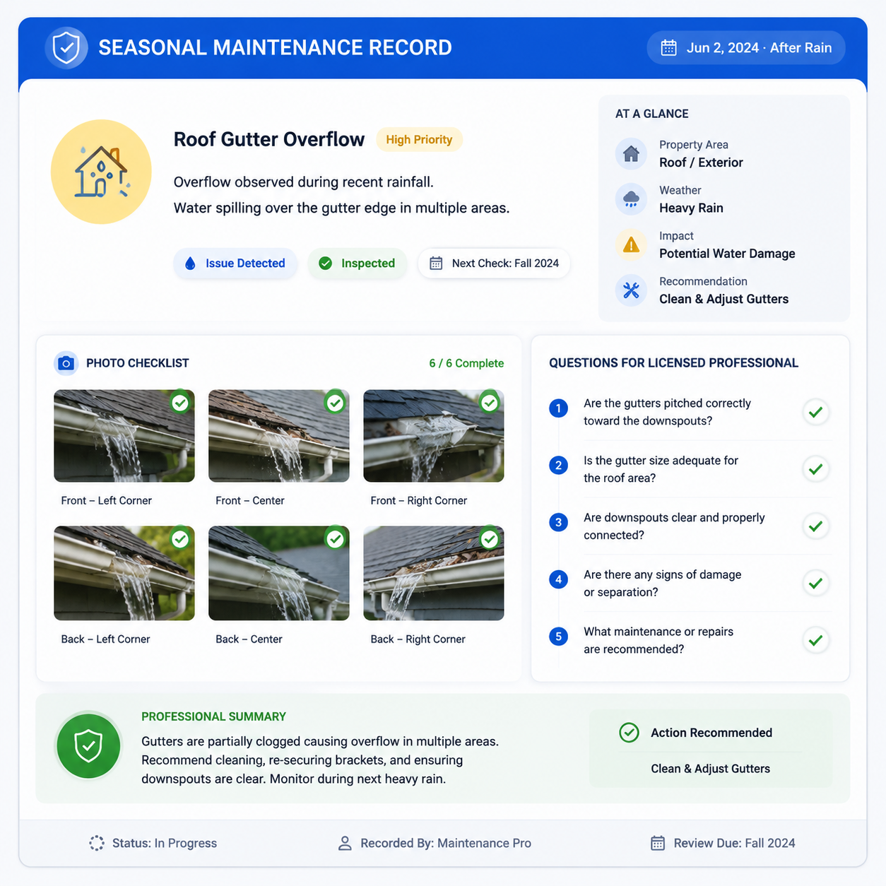 Example seasonal maintenance record card