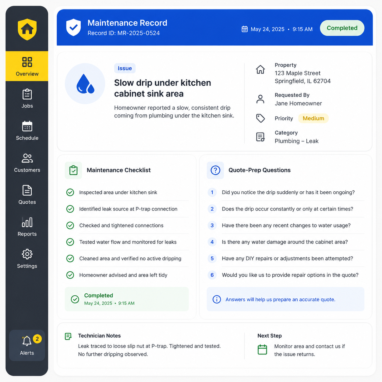 Example kitchen maintenance record card