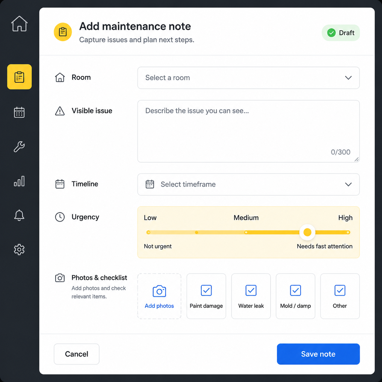 Preview of the ALPH maintenance-note input workspace